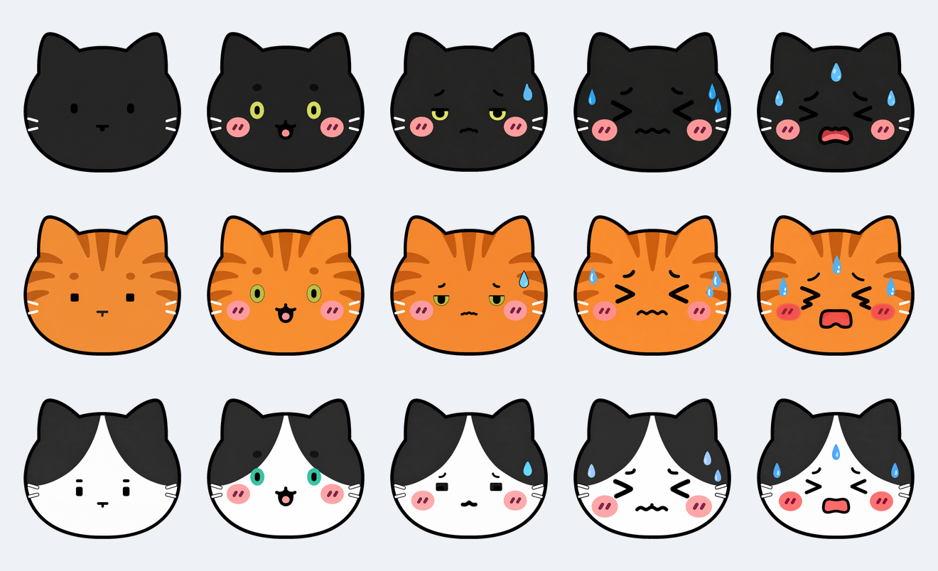 黒猫・茶トラ・ハチワレの5段階表情プレビュー